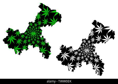 Chongqing (divisions administratives de Chine, Chine, République populaire de Chine, RÉPUBLIQUE POPULAIRE DE CHINE) La carte est conçue de feuilles de cannabis vert et noir, Chungking site mad Illustration de Vecteur