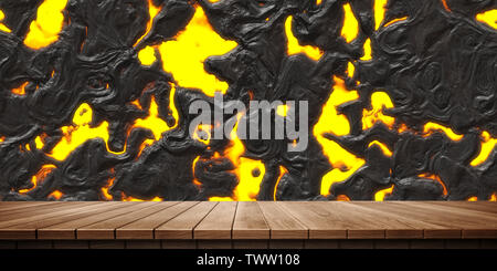 Fond de plate-forme en bois coloré : magma et lave.(Illustration générée numériquement par l'ordinateur de rendu 3D.) Banque D'Images