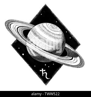 Planète Saturne. Stylo encre dessinés à la main, l'illustration dans le style dotwork. Concept de l'espace, l'astrologie, l'astronomie, d'impression sur t-shirt design logo cosmique. R astrologique Banque D'Images