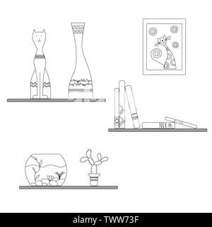 Décoration intérieure noir et blanc de l'exécution. Étagère, books, figurine, cat, tirelire, aquarium, fleurs, cactus, cache-pot, étagère. Vector illustration Illustration de Vecteur