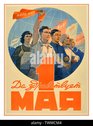 Affiche de propagande russe soviétique vintage "Vive le printemps" le 1er mai et la Fête du travail' Day 1956, URSS, artwork by V Koretsky Banque D'Images