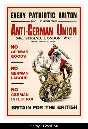 Vintage 1913 Affiches de propagande allemande contre la Grande-Bretagne pour la "British" Pas d'aliments allemand, pas du travail allemand, pas de l'influence allemande, Banque D'Images
