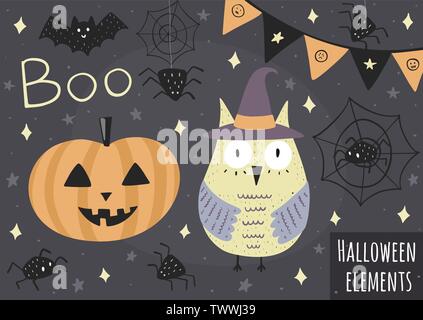 Des éléments isolés de l'Halloween - Owl dans le chapeau, de citrouilles, araignées et autres. Vector illustration Illustration de Vecteur