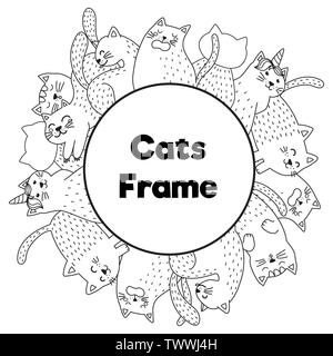 Châssis avec funny cats en page à colorier style. Cadre noir et blanc avec place pour votre texte. Vector illustration Illustration de Vecteur