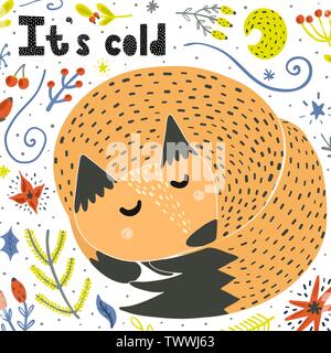 C'est l'hiver carte avec un couchage mignon fox. Fond d'enfantin. Vector illustration Illustration de Vecteur