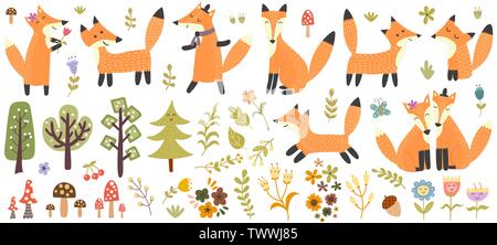 Grand jeu de cute les renards, les arbres et les plantes. Collection d'éléments de la forêt. Vector illustration Illustration de Vecteur