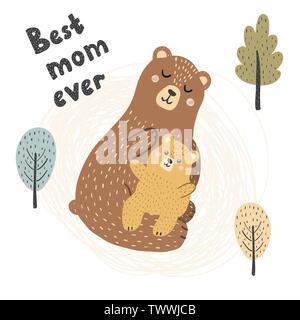 Meilleure maman jamais imprimer avec mignon ours - la mère et le bébé. Le jour de mère vector background Illustration de Vecteur