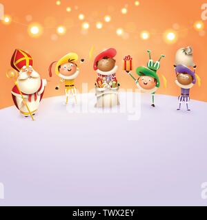Saint Nicolas et Zwarte Piets célébrer les jours fériés néerlandais - fond orange avec des lumières - vector illustration Illustration de Vecteur