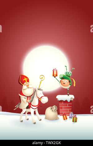 Saint Nicholas ou cheval de Sinterklaas et Zwarte Piets helper quatre néerlandais maison de célébrer au paysage d'hiver rouge Illustration de Vecteur