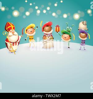 Saint Nicolas et Zwarte Piets célébrer les jours fériés néerlandais - fond bleu turquoise avec des lumières - vector illustration Illustration de Vecteur