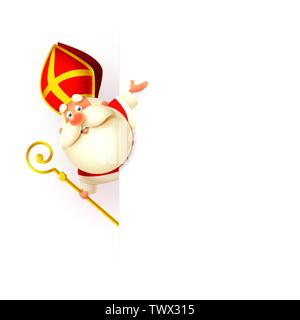 Saint Nicholas sur côté gauche de la carte - heureux mignon petit personnage de célébrer - vector illustration isolé sur fond blanc Illustration de Vecteur