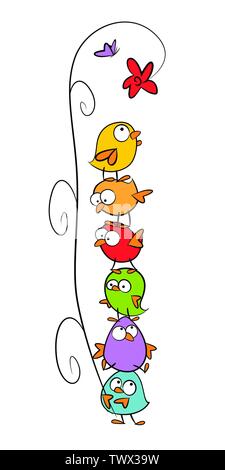 Oiseaux drôles un permanent sur un autre - colorful hand drawn vector illustration Illustration de Vecteur