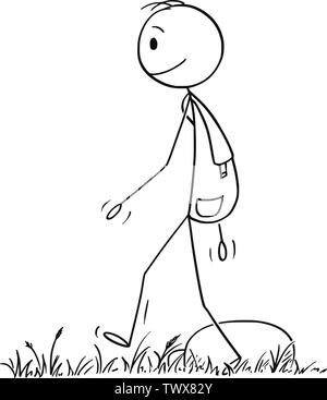 Vector cartoon stick figure dessin illustration conceptuelle de randonneur ou homme avec sac à dos de randonnée ou balade sur l'aventure dans la nature. Illustration de Vecteur