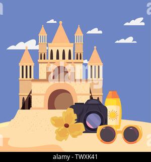 L'heure d'été maison de vacances château de sable camera sunblock vector illustration Illustration de Vecteur