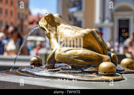 Une grenouille de la fontaine 'rafter' monument (pomnik flisaka) dans la vieille ville de Torun / Thorn. Détail. Sculpture en laiton ou bronze. La Pologne. Banque D'Images