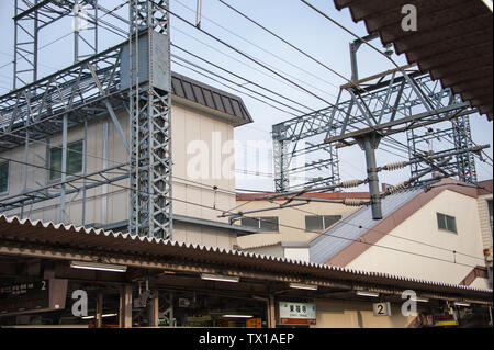 Vue depuis une plate-forme de la gare montrant les câbles d'alimentation électriques Banque D'Images