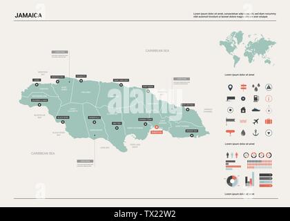 Carte vectorielle de la Jamaïque. Carte pays avec la division, les villes et le capital de Kingston. Une carte politique, carte du monde, les éléments de l'infographie. Illustration de Vecteur