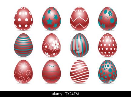 Vector set d'oeufs décorés chiken réaliste isolé sur fond blanc avec des motifs différents. Vacances de Pâques parfait modèle.trois dimensions Illustration de Vecteur
