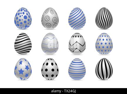 Vector set d'oeufs décorés chiken réaliste isolé sur fond blanc avec des motifs différents. Vacances de Pâques parfait modèle.trois dimensions Illustration de Vecteur