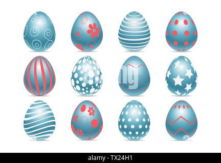 Vector set d'oeufs décorés chiken réaliste isolé sur fond blanc avec des motifs différents. Vacances de Pâques parfait modèle.trois dimensions Illustration de Vecteur