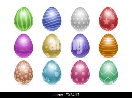 Vector set d'oeufs décorés chiken réaliste isolé sur fond blanc avec des motifs différents. Vacances de Pâques parfait modèle.trois dimensions Illustration de Vecteur