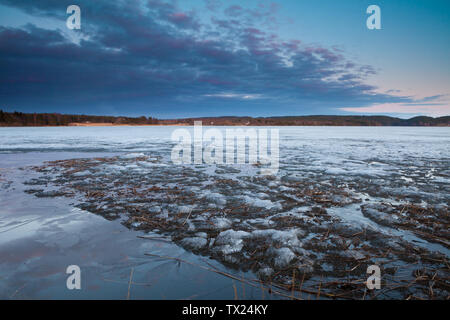 Belle soirée de printemps par le lac en Saebyvannet Våler kommune, au Maroc. Le lac est une partie de l'eau appelé système Morsavassdraget. Avril, 2011. Banque D'Images