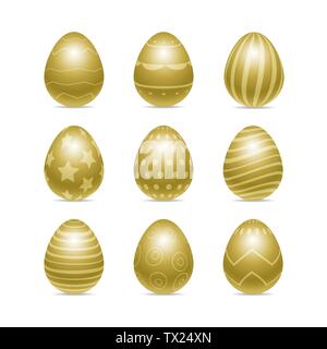 Vector set de décoration or chiken réaliste egg isolé sur fond blanc avec des motifs différents. Vacances de Pâques parfait modèle.Trois-dimensio Illustration de Vecteur