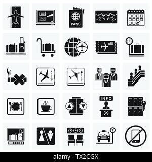 Les icônes de l'aéroport situé sur carrés de fond pour la conception graphique et web. Vecteur simple signe. Concept Internet symbole de bouton site web ou mobile Illustration de Vecteur