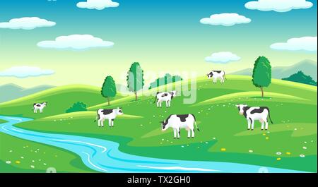 Paysage d'été ferme colorées, bleu ciel clair avec Sun, les vaches sur terrain Illustration de Vecteur