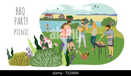 Concept de pique-nique. Mignon vecteur illustration de télévision horizontale mans et repos de womans sur la nature. Dessin de part les personnes actives avec un week-end Illustration de Vecteur