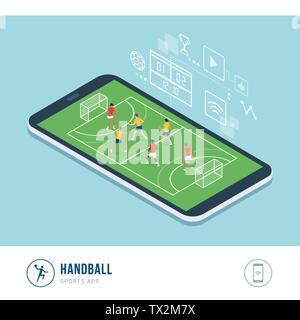La compétition de sport professionnel : match de hand et joueurs d'exécution et du lancer balle, mobile app Illustration de Vecteur