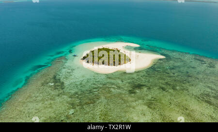 Vue aérienne de la plage de sable fin sur une île tropicale avec palmiers par coral reef atoll. Patawan île avec plage de sable. Billet d'été et vacances. Banque D'Images