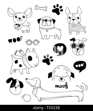 Drôle de chiens, chiots doodles, croquis et illustrations. Vector icons Illustration de Vecteur