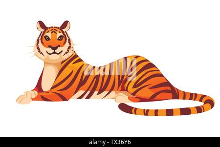 Hot big red tiger se trouve sur le sol de la faune et de la flore thème cartoon animal télévision design vector illustration isolé sur fond blanc. Illustration de Vecteur