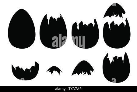 Silhouettes noires des coquilles d'œufs ensemble et fissurée ou cassée coquillages télévision vector illustration isolé sur fond blanc. Illustration de Vecteur