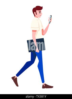 Un homme passe et tient dans une main un dossier pour le papier dans l'autre main un smartphone personnage télévision design vector illustration Illustration de Vecteur