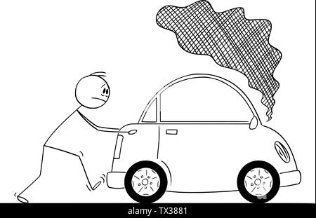 Vector cartoon stick figure dessin illustration conceptuelle de l'homme pousser casse voiture avec de la fumée venant du moteur. Illustration de Vecteur