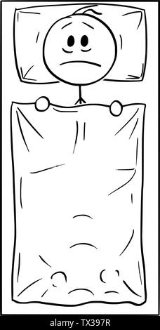 Vector cartoon stick figure dessin illustration conceptuelle de l'homme ayant des problèmes se trouvant seul dans lit dans la chambre et la pensée. La dépression ou l'insomnie concept. Illustration de Vecteur