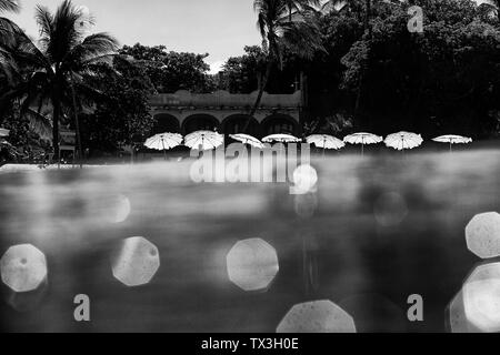 Les surfers et les parasols de plage sur l'océan, plage ensoleillée, Sayulita Nayarit, Mexique Banque D'Images