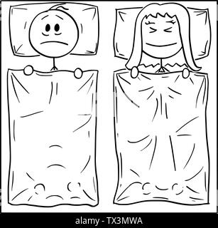 Vector cartoon stick figure dessin illustration conceptuelle du couple Lying in Bed, femme dort, l'homme ne peut pas dormir, penser à problème ou souffrant d'insomnie. Illustration de Vecteur