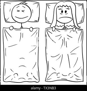 Vector cartoon stick figure dessin illustration conceptuelle du couple Lying in Bed, l'homme est en train de dormir, la femme n'arrive pas à dormir, pensant à problème ou souffrant d'insomnie. Illustration de Vecteur