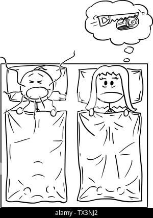 Vector cartoon stick figure dessin illustration conceptuelle du couple au lit dans la chambre. L'homme est le ronflement bruyant et la femme ne peut pas dormir. Illustration de Vecteur