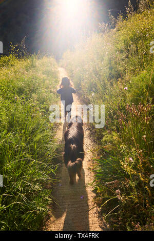 Vue arrière de girl walking with dog in nature Banque D'Images