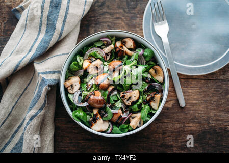 Boîte à lunch avec salade, oignons, champignons grillés, oignons et balsamico Banque D'Images