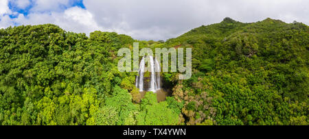 USA, Hawaii, Kauai, Wailua State Park, vue aérienne, les chutes de Opaekaa Banque D'Images