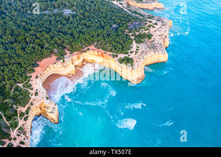 Portugal, Algarve, Lagoa, Praia da Corredoura, vue aérienne de la forêt, côte rocheuse et mer Banque D'Images