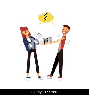 L'homme et la femme qui se bat pour la propriété. Tirant sur ordinateur portable. Isolé sur fond blanc. Télévision stock style vector illustration.. Illustration de Vecteur