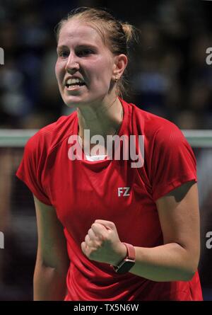 Minsk, Belarus. 24 Juin, 2019. Maria Ulitina (UKR) célèbre en tant qu'elle joue dans la phase de groupes de la compétition de badminton à la 2e jeux européens. Arène de Minsk. Credit : Sport en images/Alamy Live News Banque D'Images