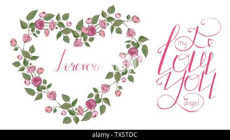 Coeur en rose rose dessiné à la main les branches avec des feuilles vertes. Ensemble d'éléments du vecteur floral pour motif romantique isolé sur blanc pour les cartes Illustration de Vecteur