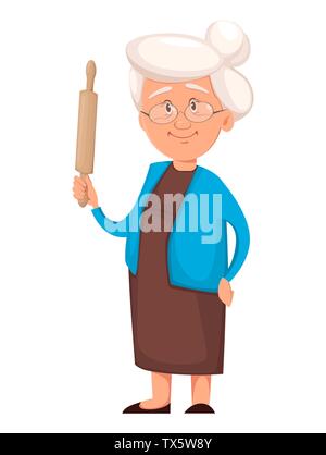 Grand-mère tenant un rouleau à pâtisserie. Cute cartoon character. La journée des grands-parents heureux. Vector illustration sur fond blanc Illustration de Vecteur